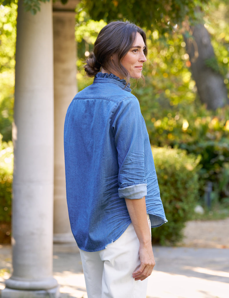 Frank & Eileen Eileen Ruffle Relaxed Button Up Shirt in Vintage Indigo
