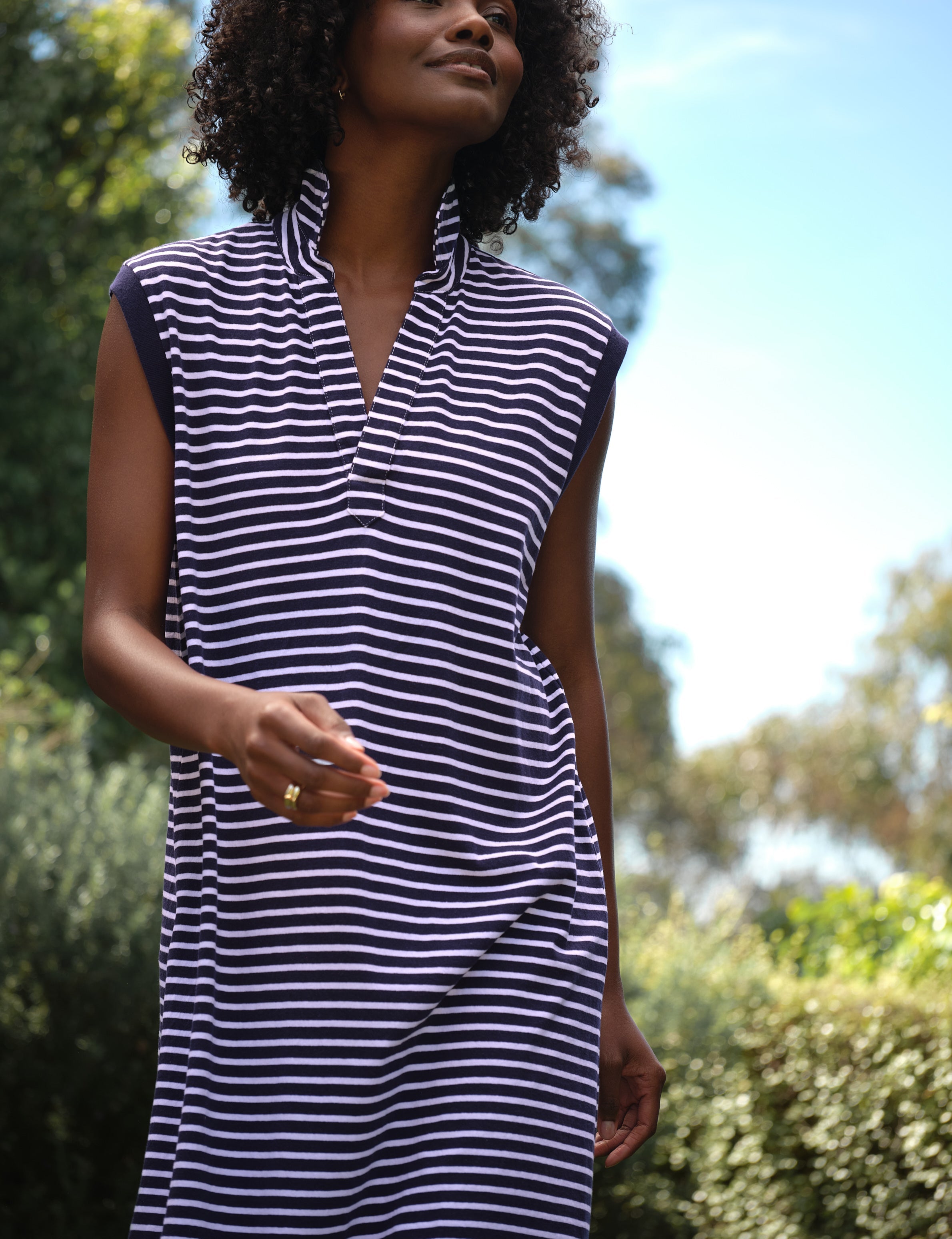 Frank & Eileen Mini Lily
Popover Henley Tank Dress in Yacht Stripe