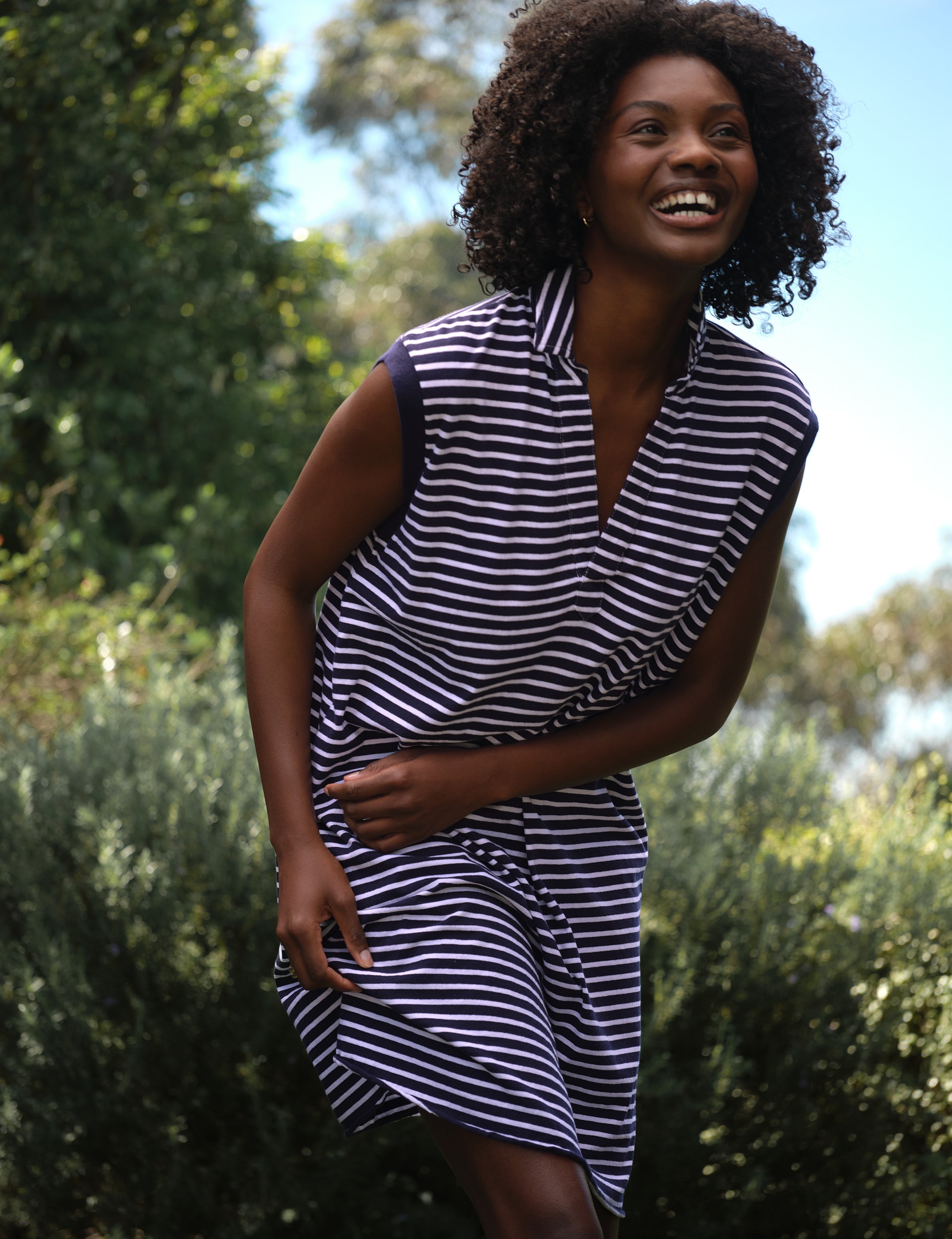 Frank & Eileen Mini Lily
Popover Henley Tank Dress in Yacht Stripe