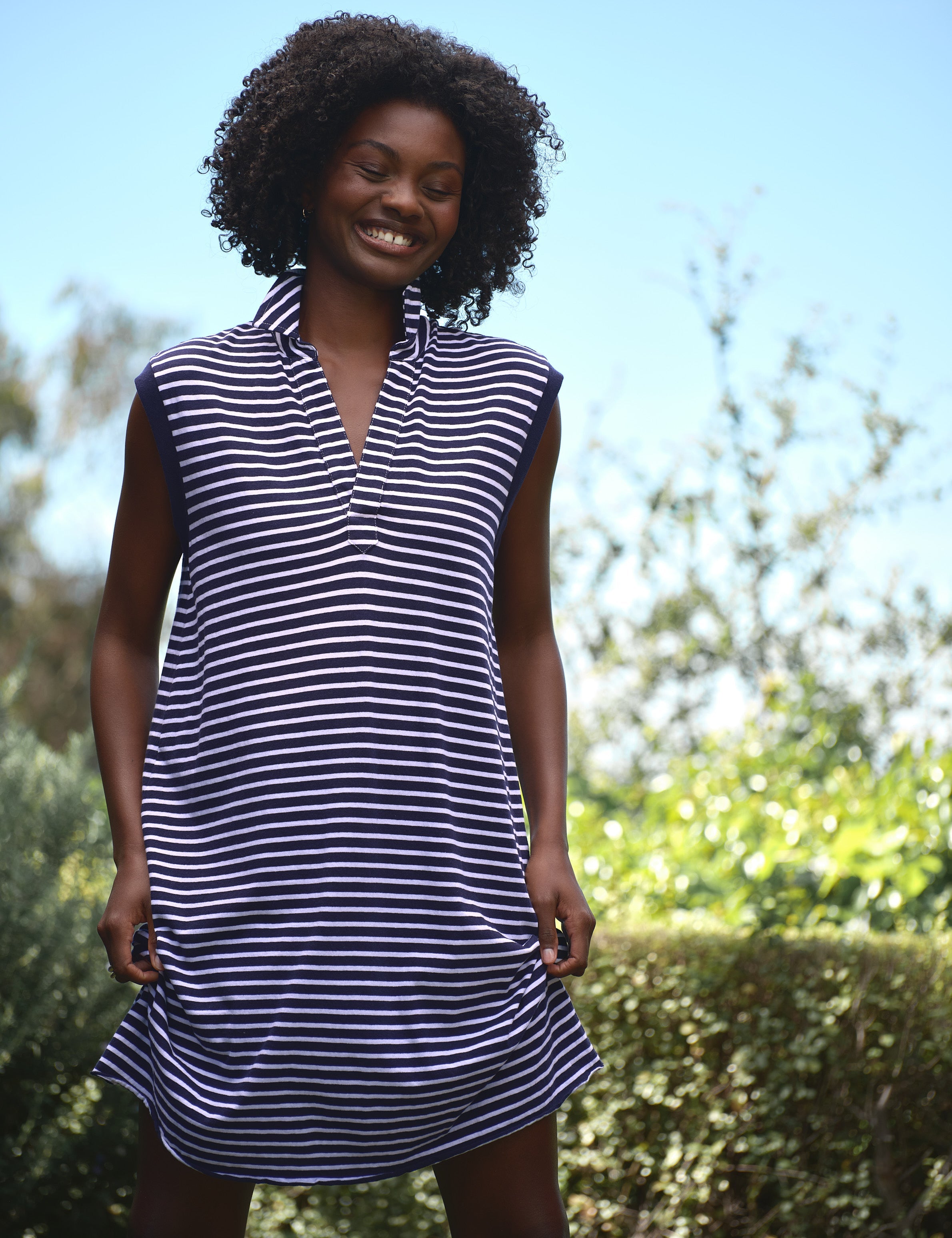 Frank & Eileen Mini Lily
Popover Henley Tank Dress in Yacht Stripe