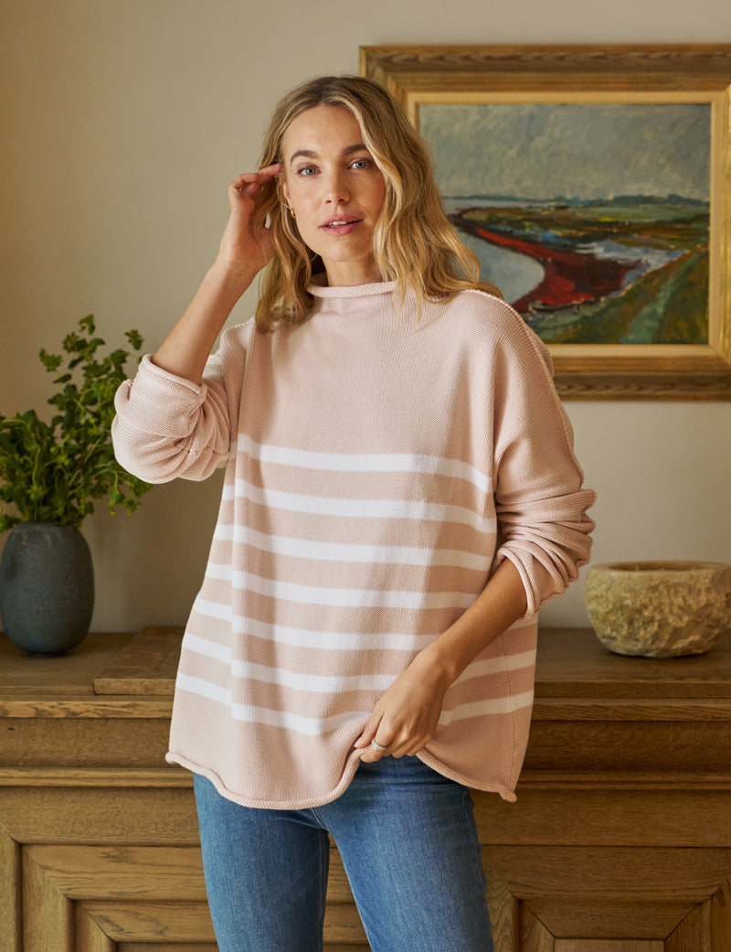 Frank & Eileen Monterey
 Rolled Funnel Neck Sweater in Vintage Rose with White Stripe