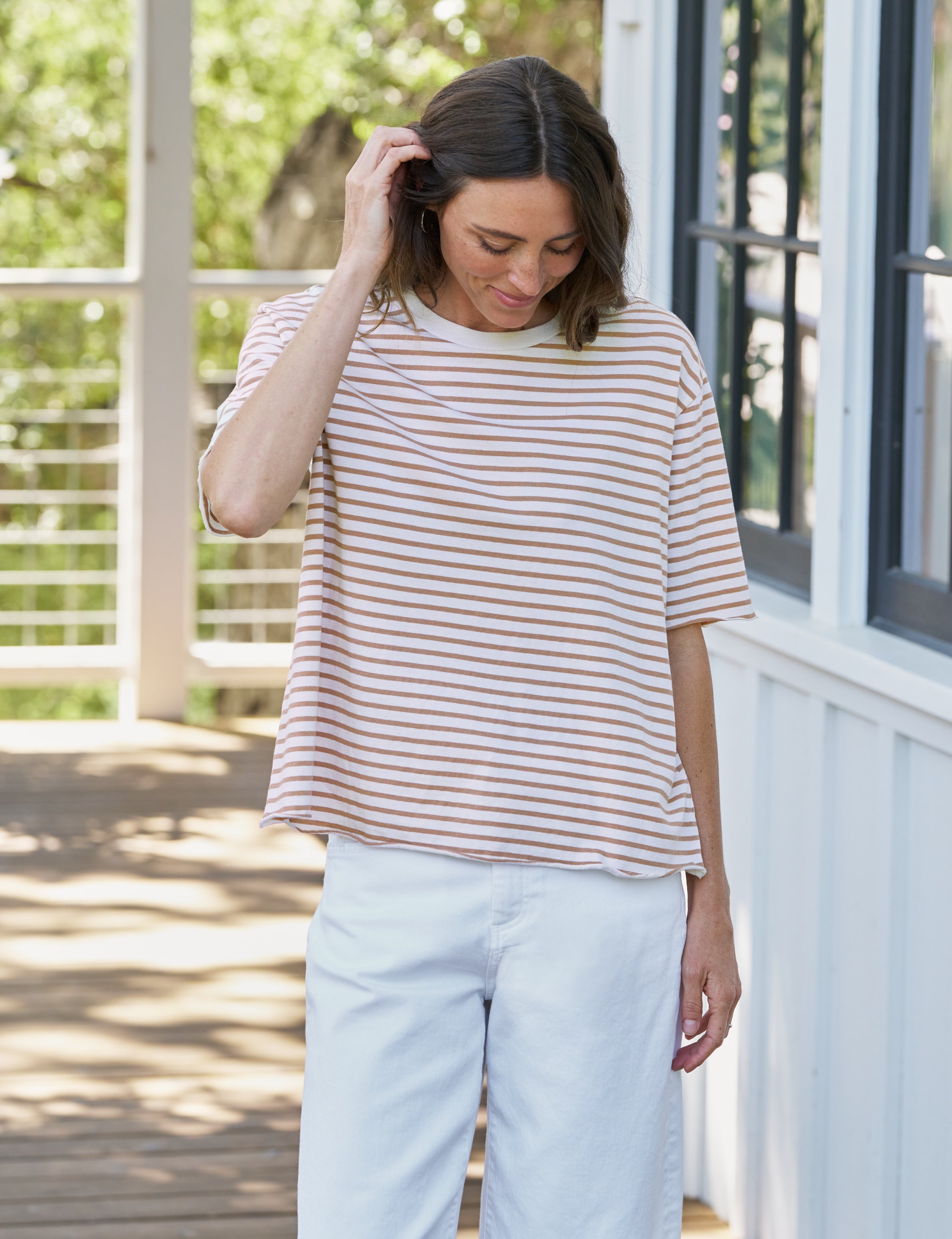 Frank & Eileen Perry - NYC Crewneck Tee in Vintage White and Camel Stripe