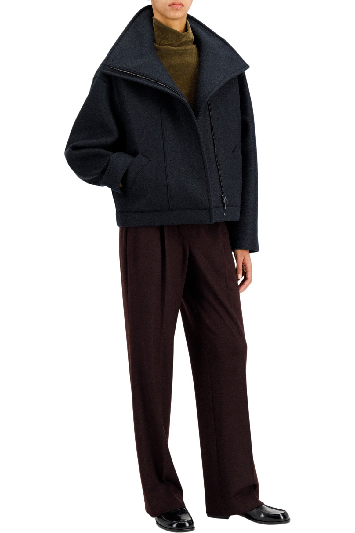 Harris Wharf London Funnel Biker Jacket in Dark Blue