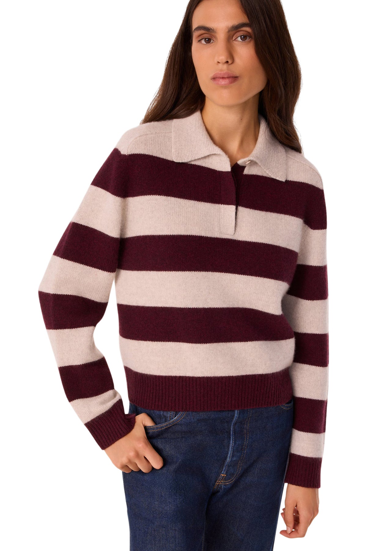 Kujten Royce Polo Striped Sweater in Bordeaux Avoine