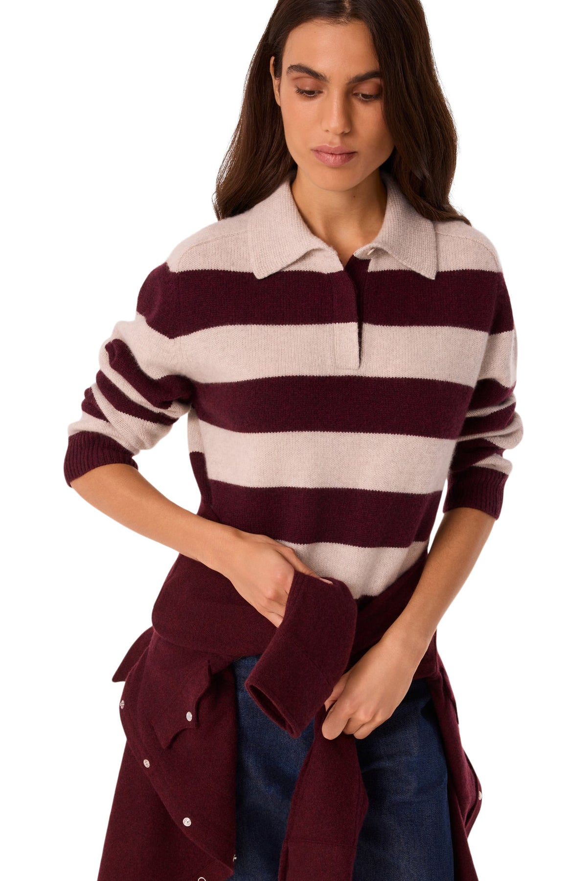 Kujten Royce Polo Striped Sweater in Bordeaux Avoine