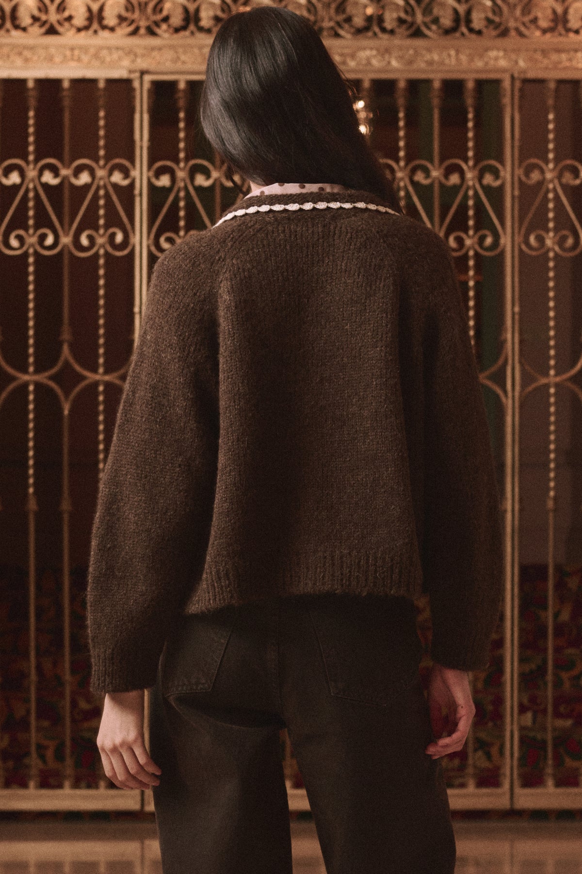 The Great The Crochet Collar Cardigan in Chocolate Brown