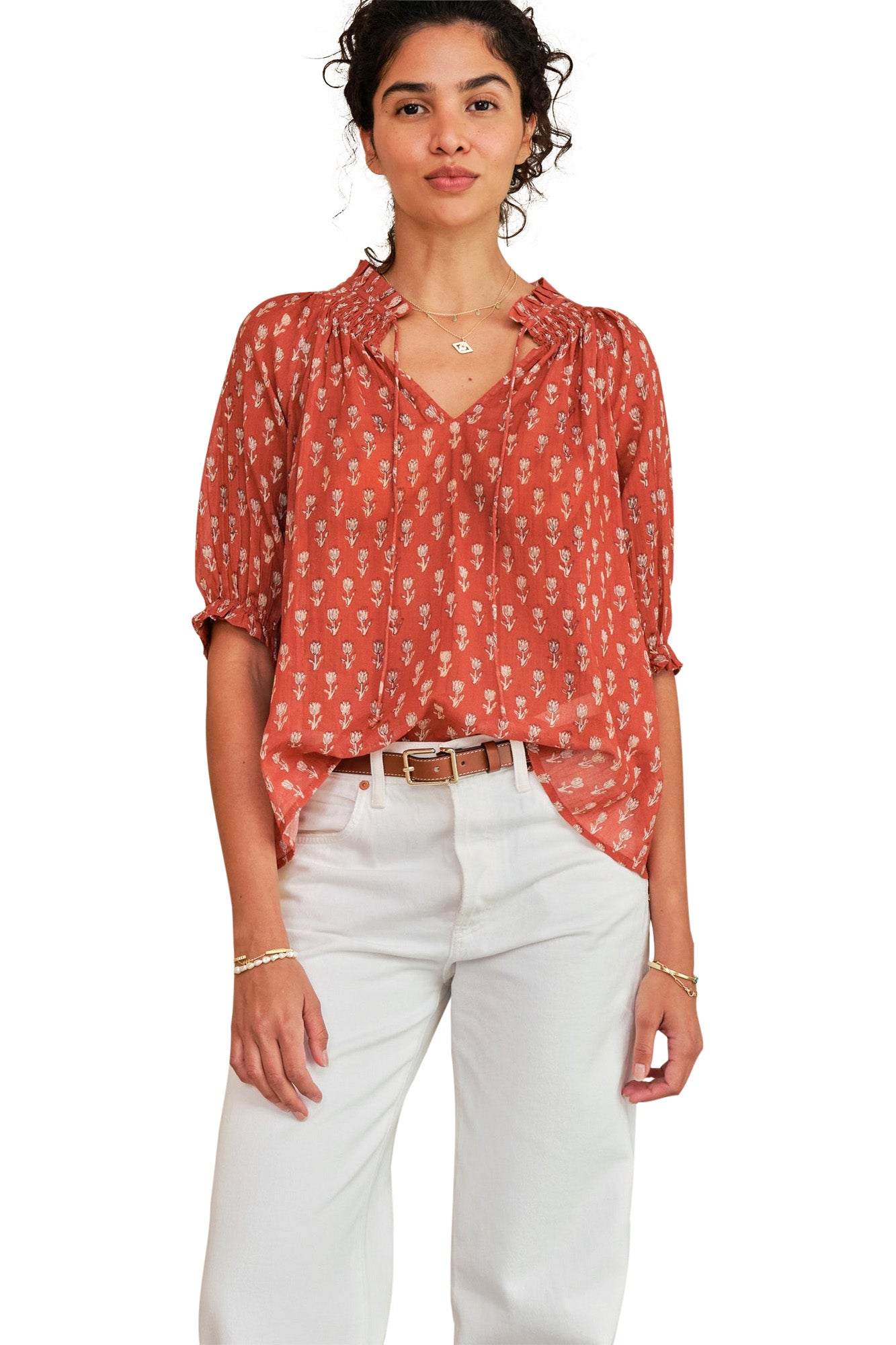 M.A.B.E Ari Printed Short Sleeve Top in Rust