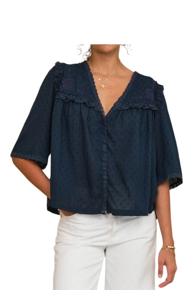 M.A.B.E Brea Embroidered Top in Navy