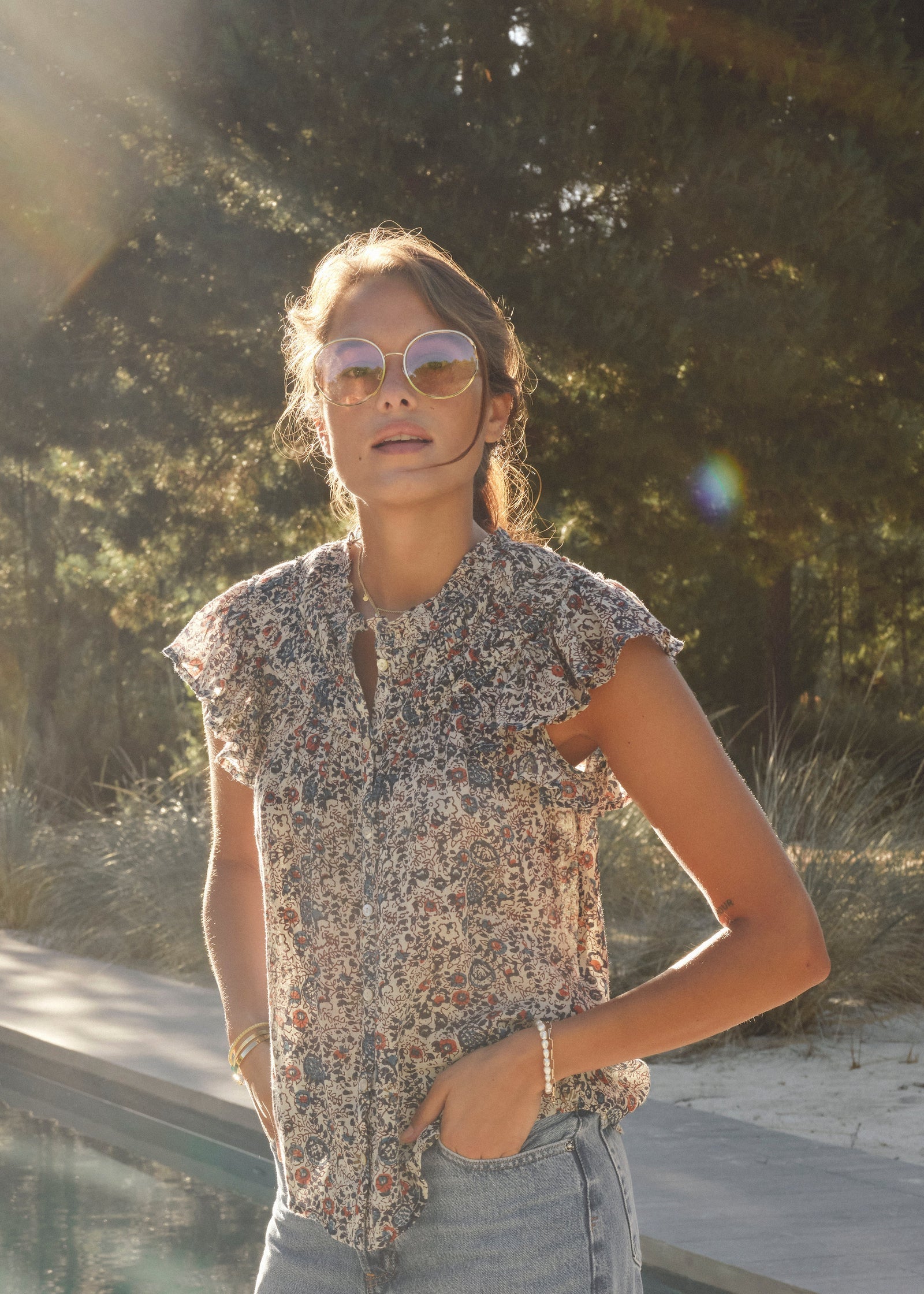 M.A.B.E Cass Frill Top in Indigo-Rust