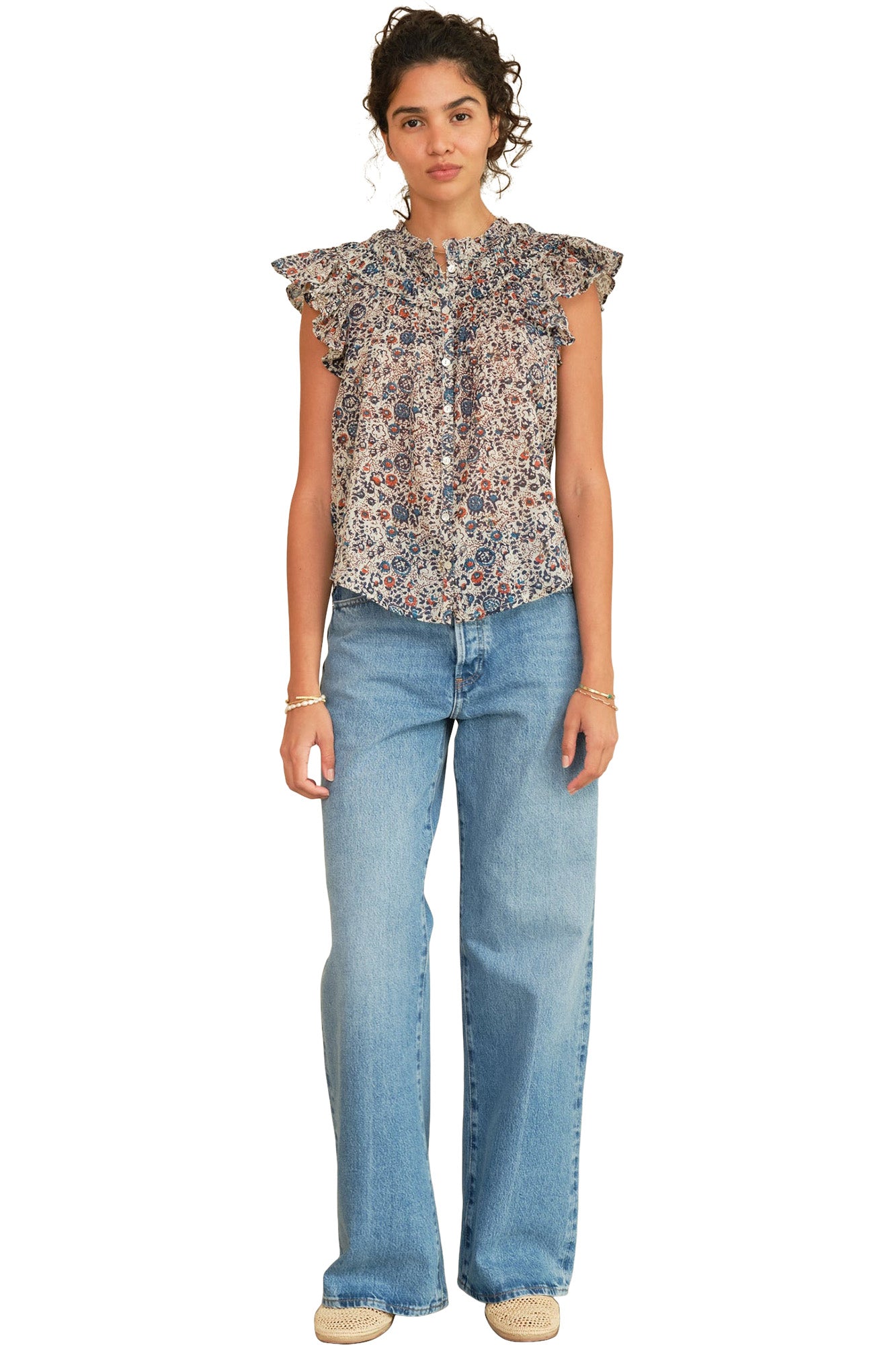M.A.B.E Cass Frill Top in Indigo-Rust