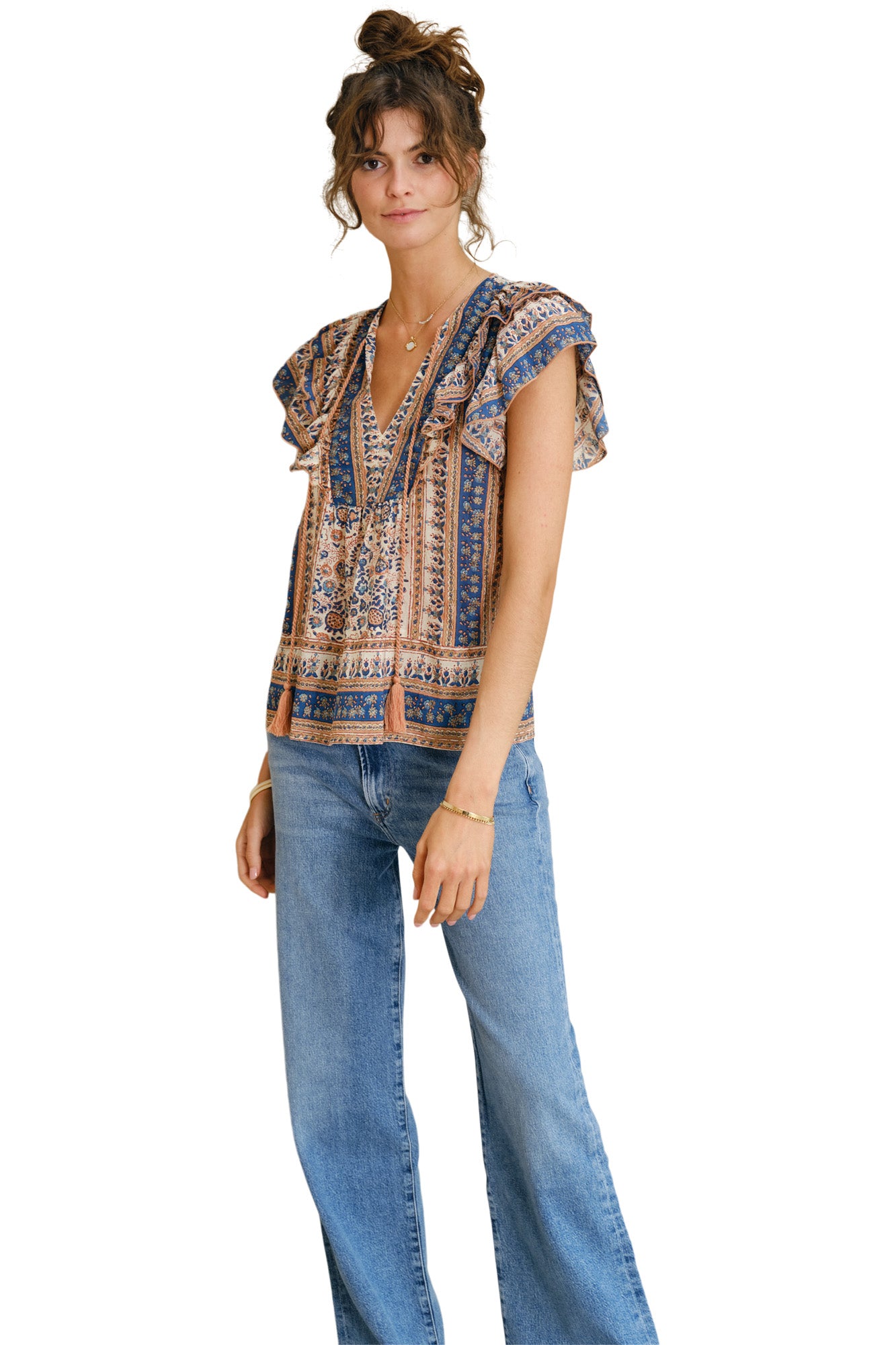 M.A.B.E Cass Print Frill Sleeve Top in Navy