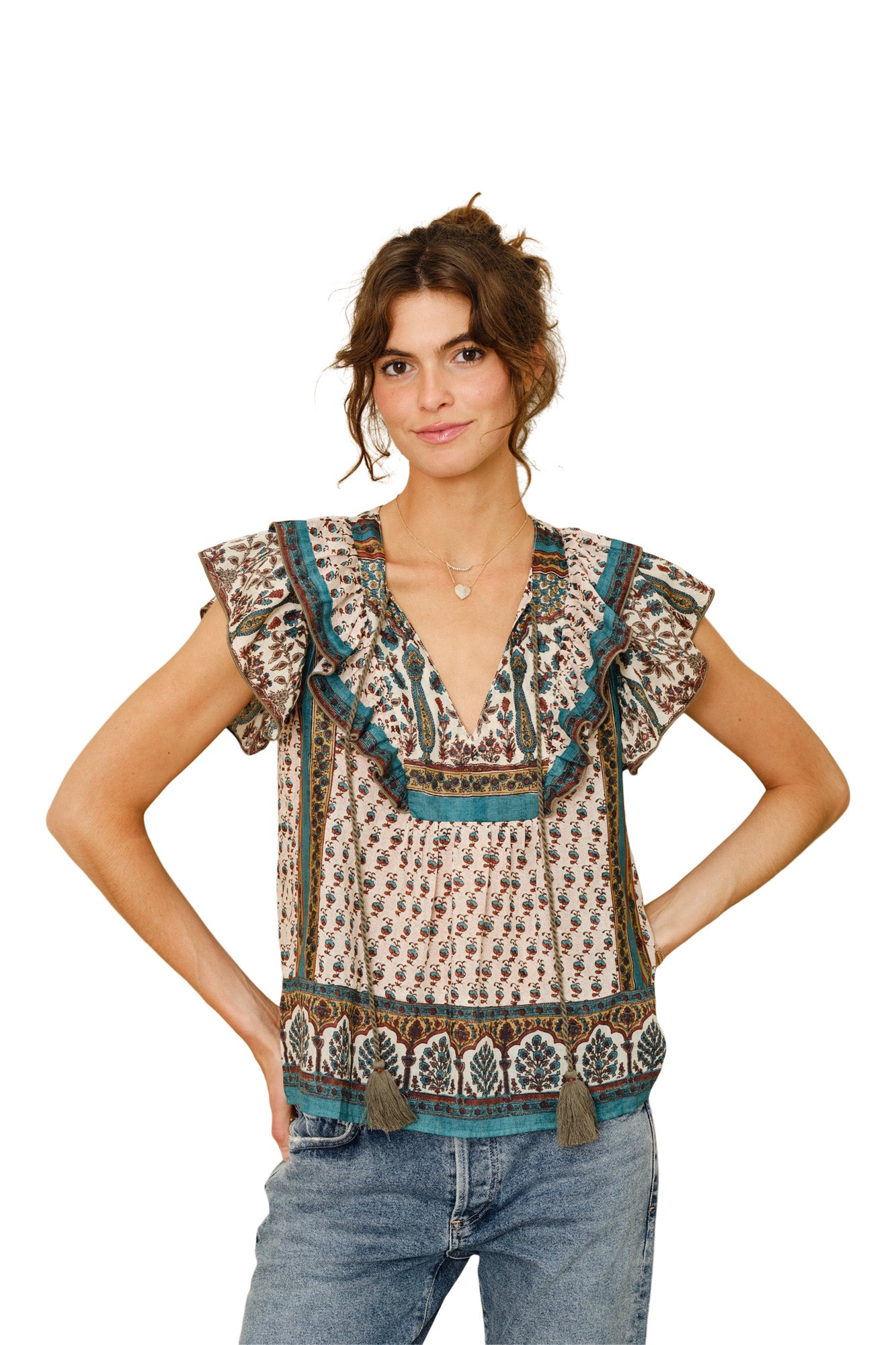 M.A.B.E Devi Print Frill Top in Multi
