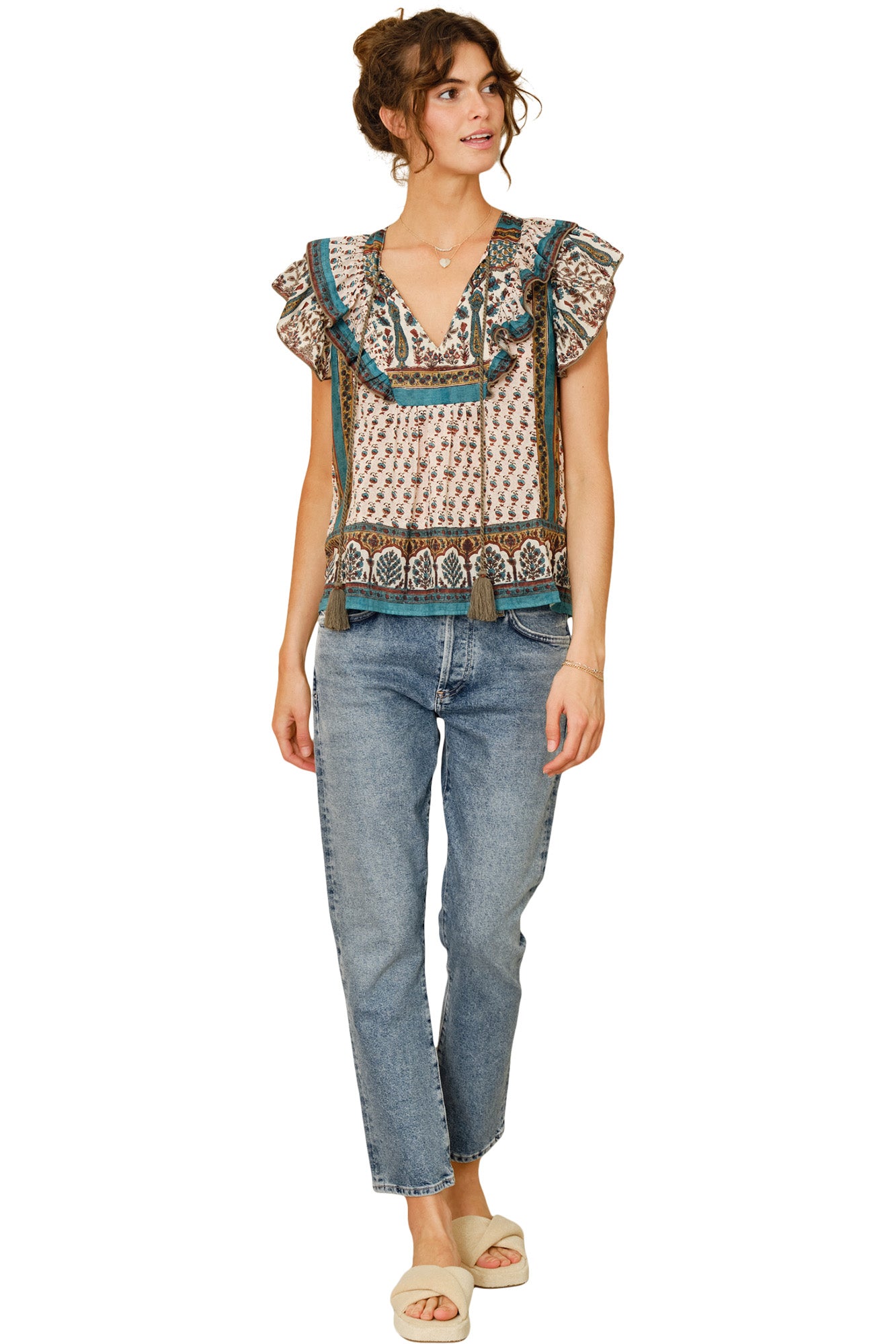 M.A.B.E Devi Print Frill Top in Multi