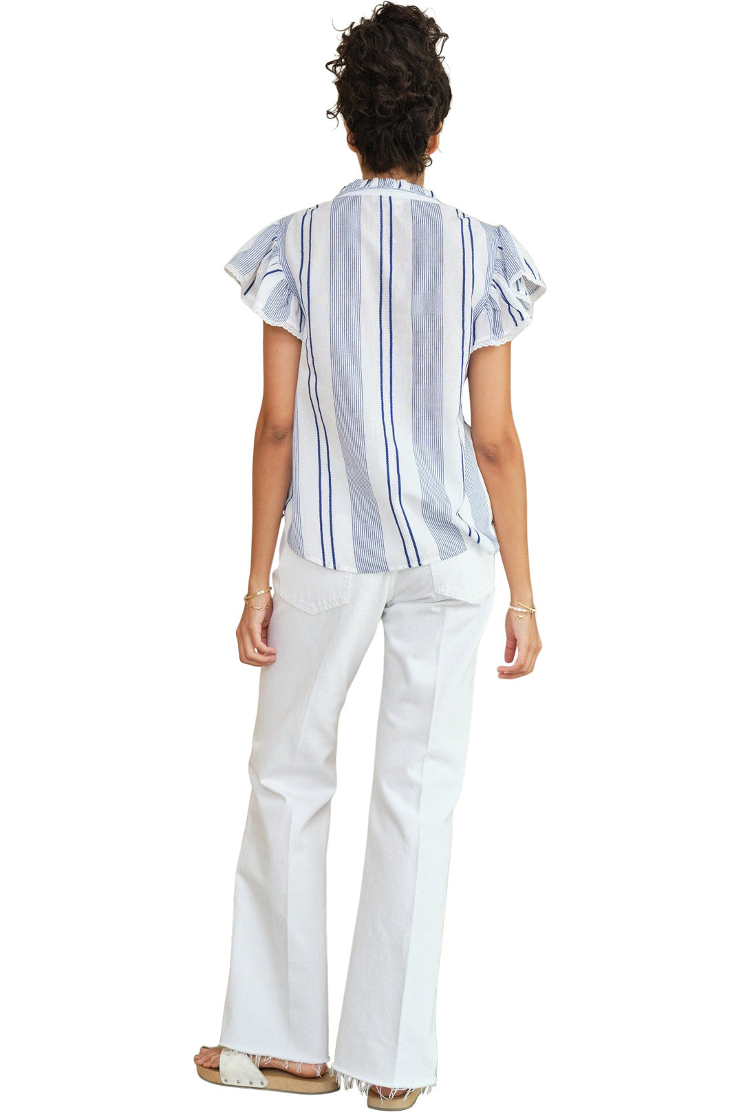M.A.B.E Eleni Woven Frill Top in Blue Stripe