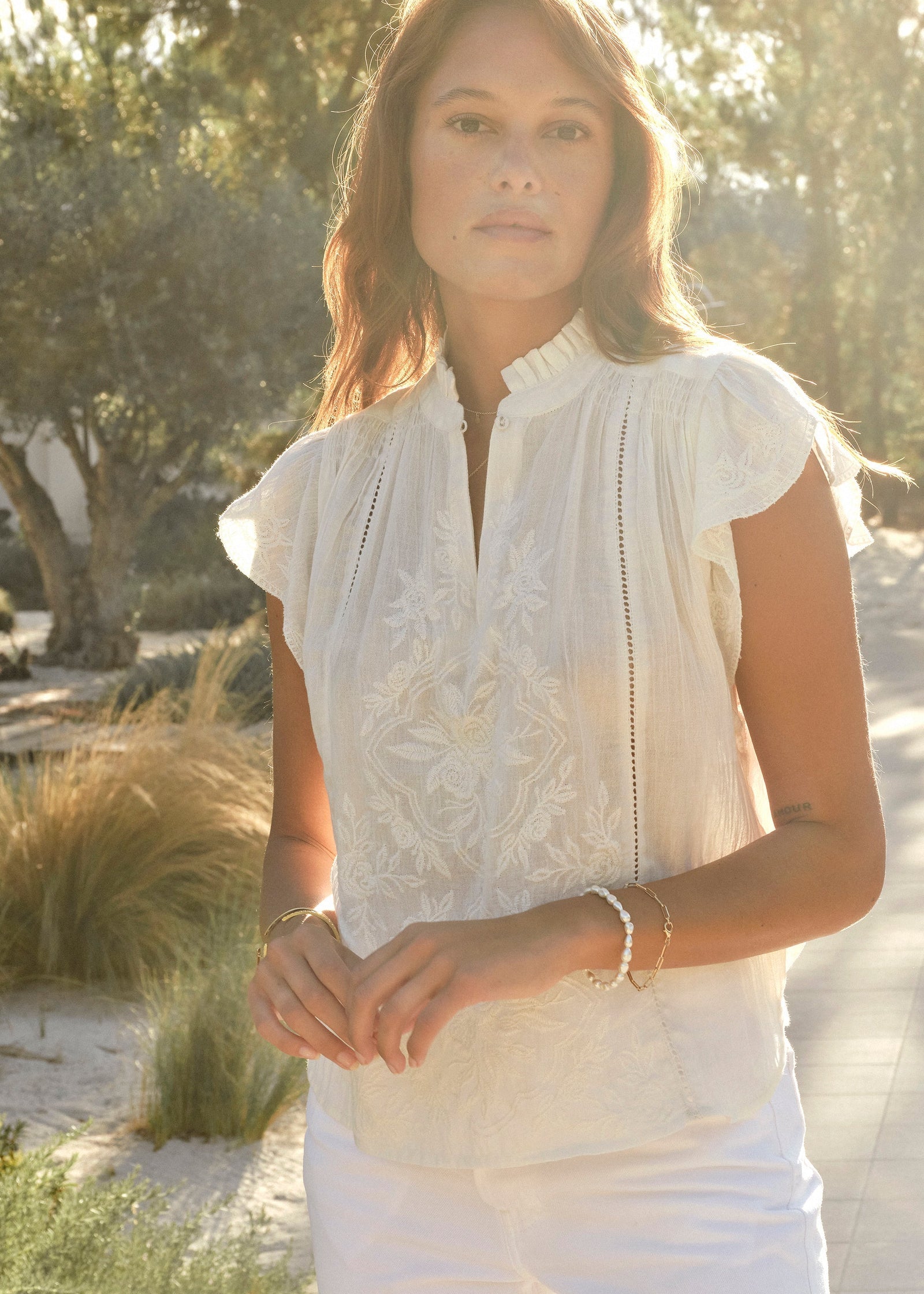 M.A.B.E Lilia Embroidered Top in Ecru