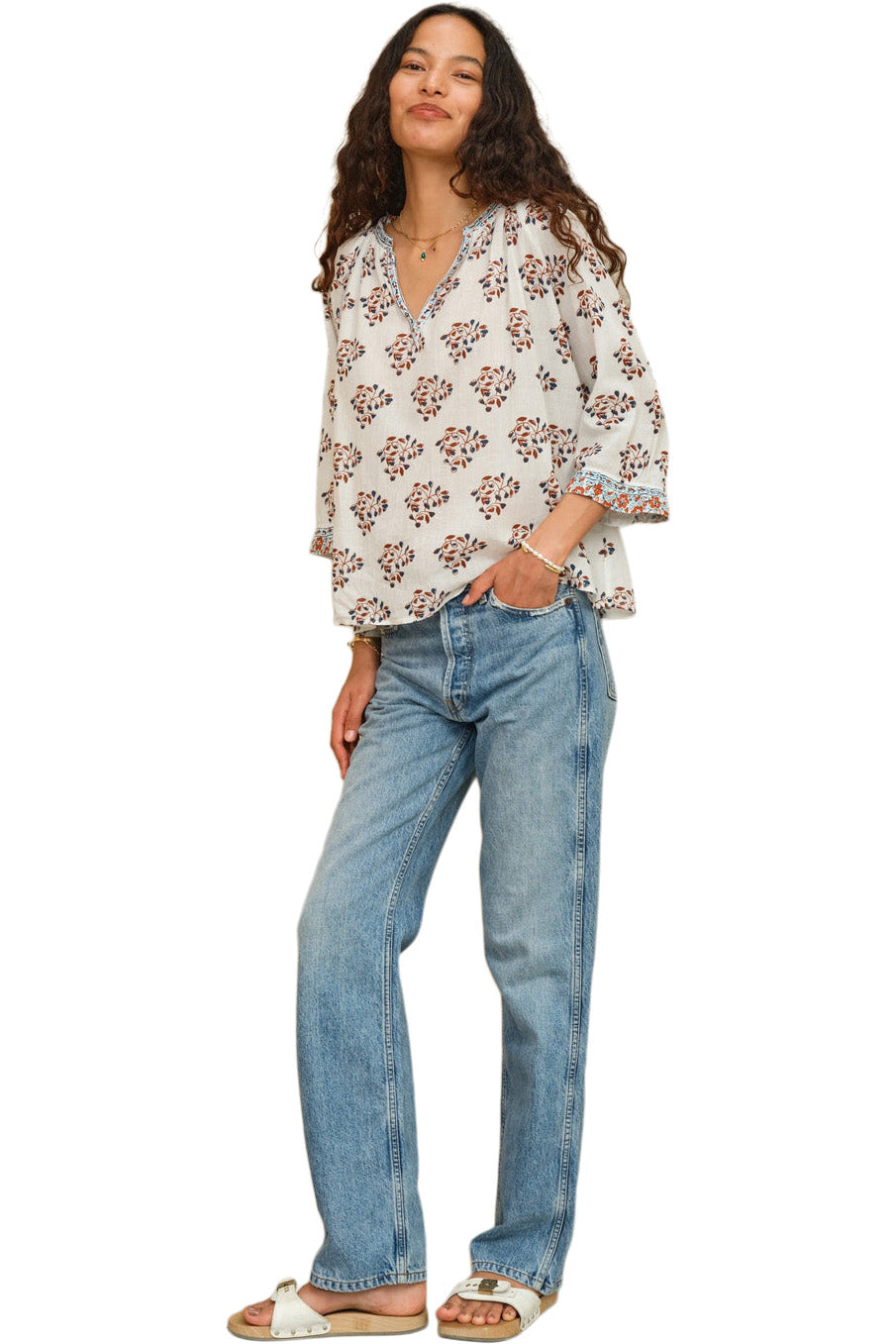 M.A.B.E Stella Printed Long Sleeve Top in Ecru-Rust