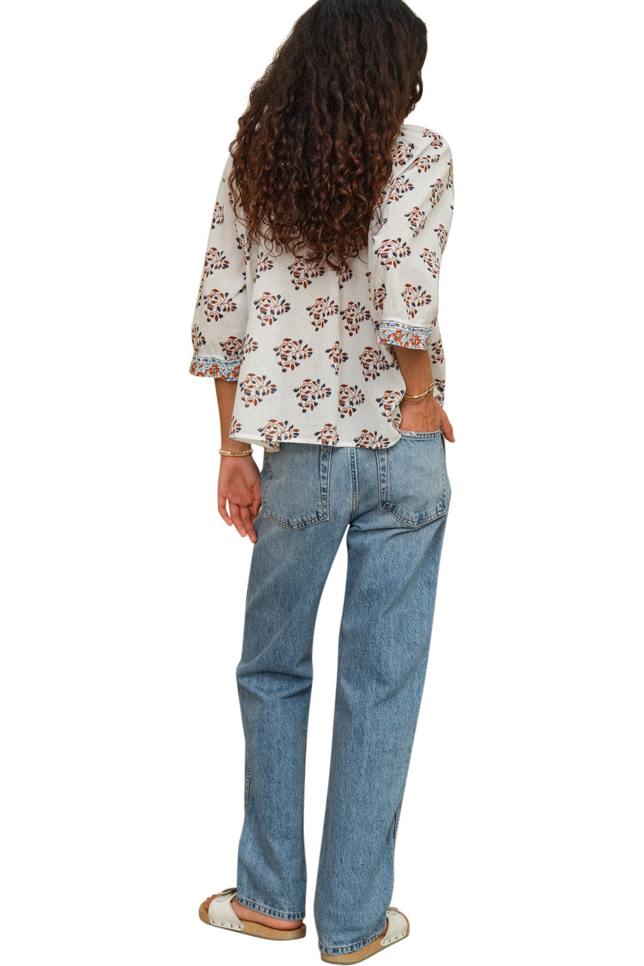 M.A.B.E Stella Printed Long Sleeve Top in Ecru-Rust