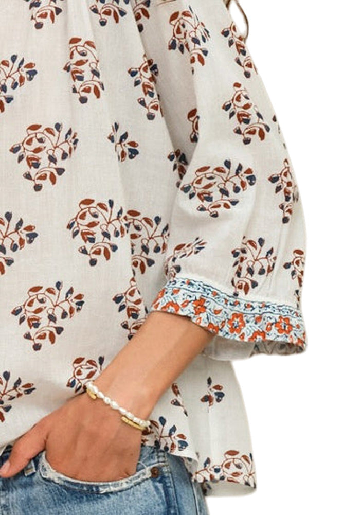 M.A.B.E Stella Printed Long Sleeve Top in Ecru-Rust