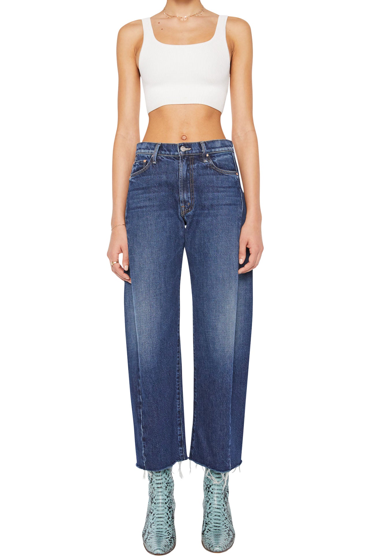 MOTHER Denim Mid Rise Full-Pipe Flood Fray in Unplugged