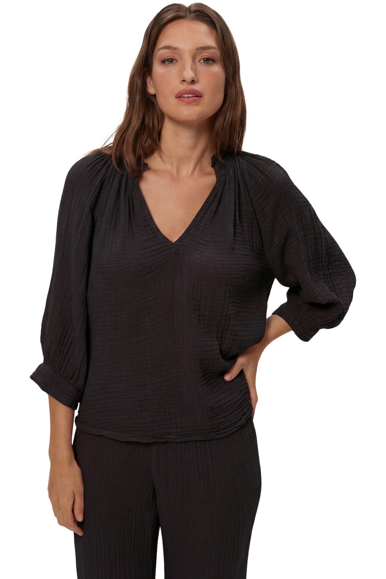 Michael Stars Kali 3/4 Sleeve Ruffle Neck Top