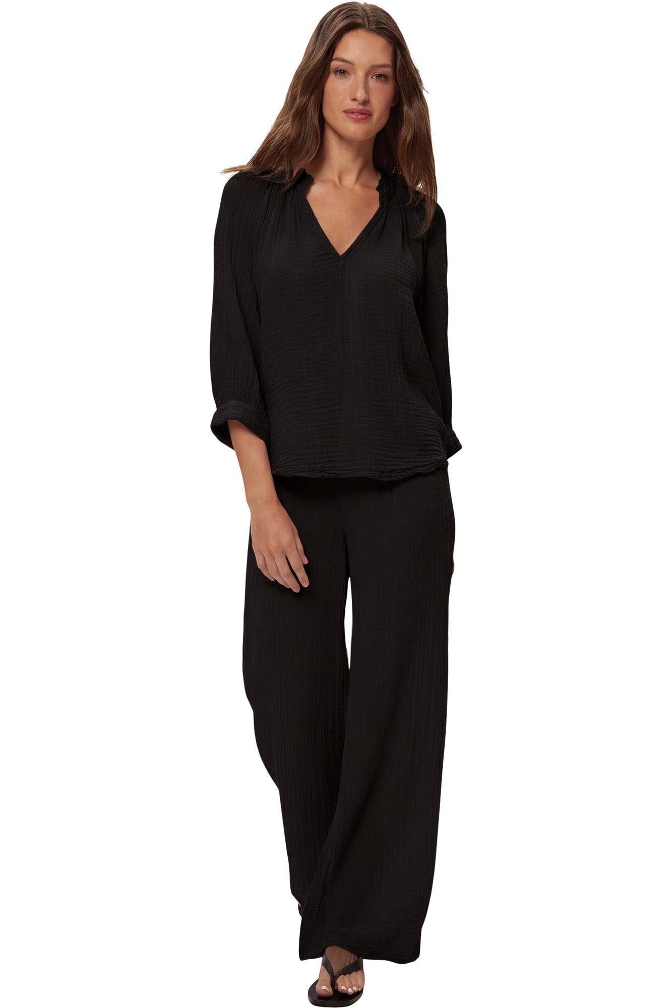 Michael Stars Kali 3/4 Sleeve Ruffle Neck Top