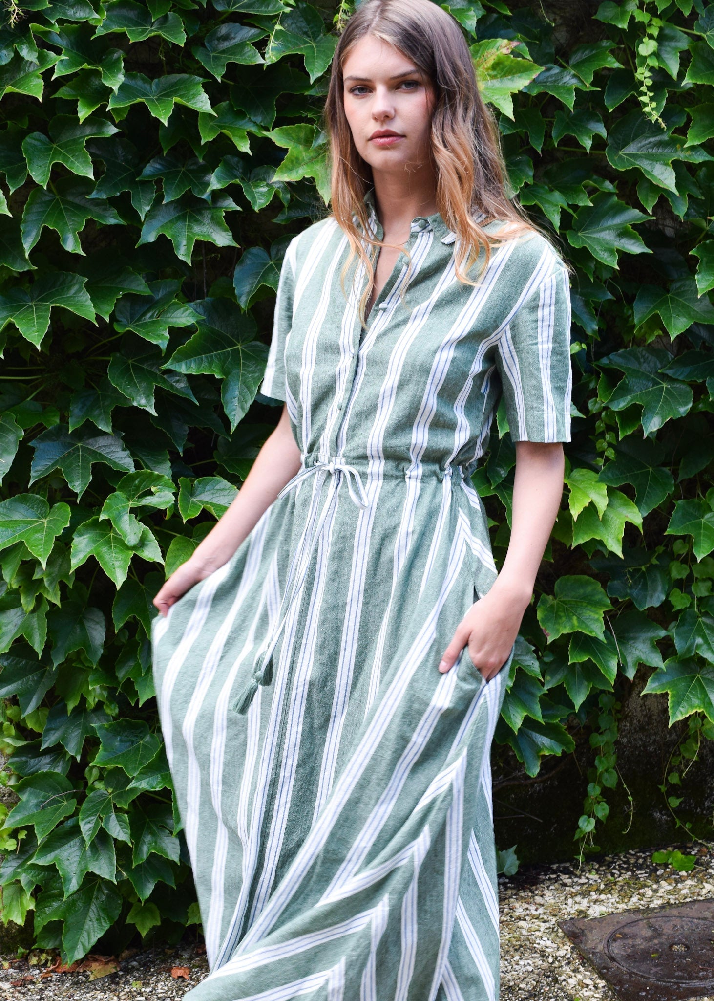 Never A Wallflower Kelli Short Sleeve Maxi Dress Green Stripe