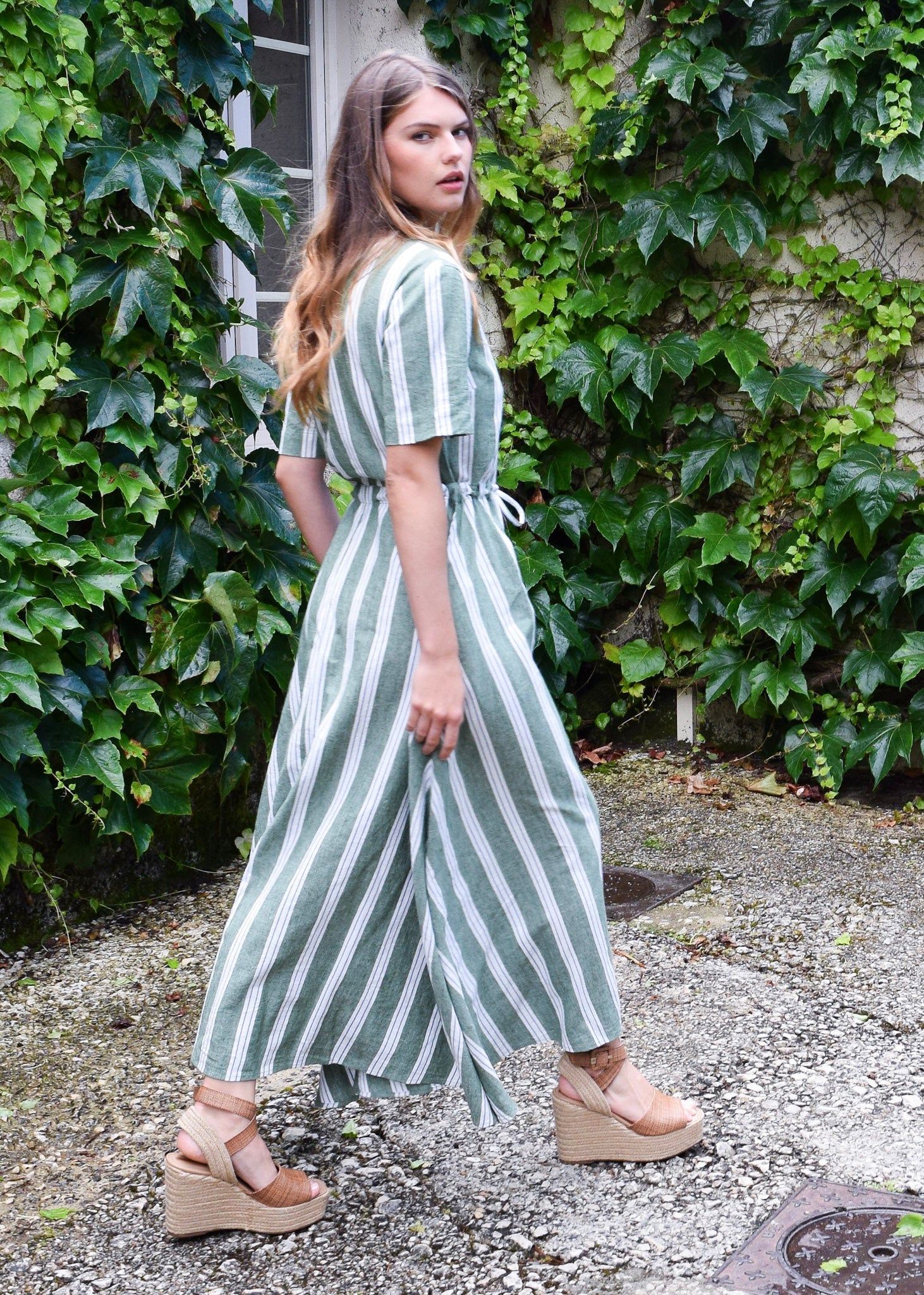 Never A Wallflower Kelli Short Sleeve Maxi Dress Green Stripe