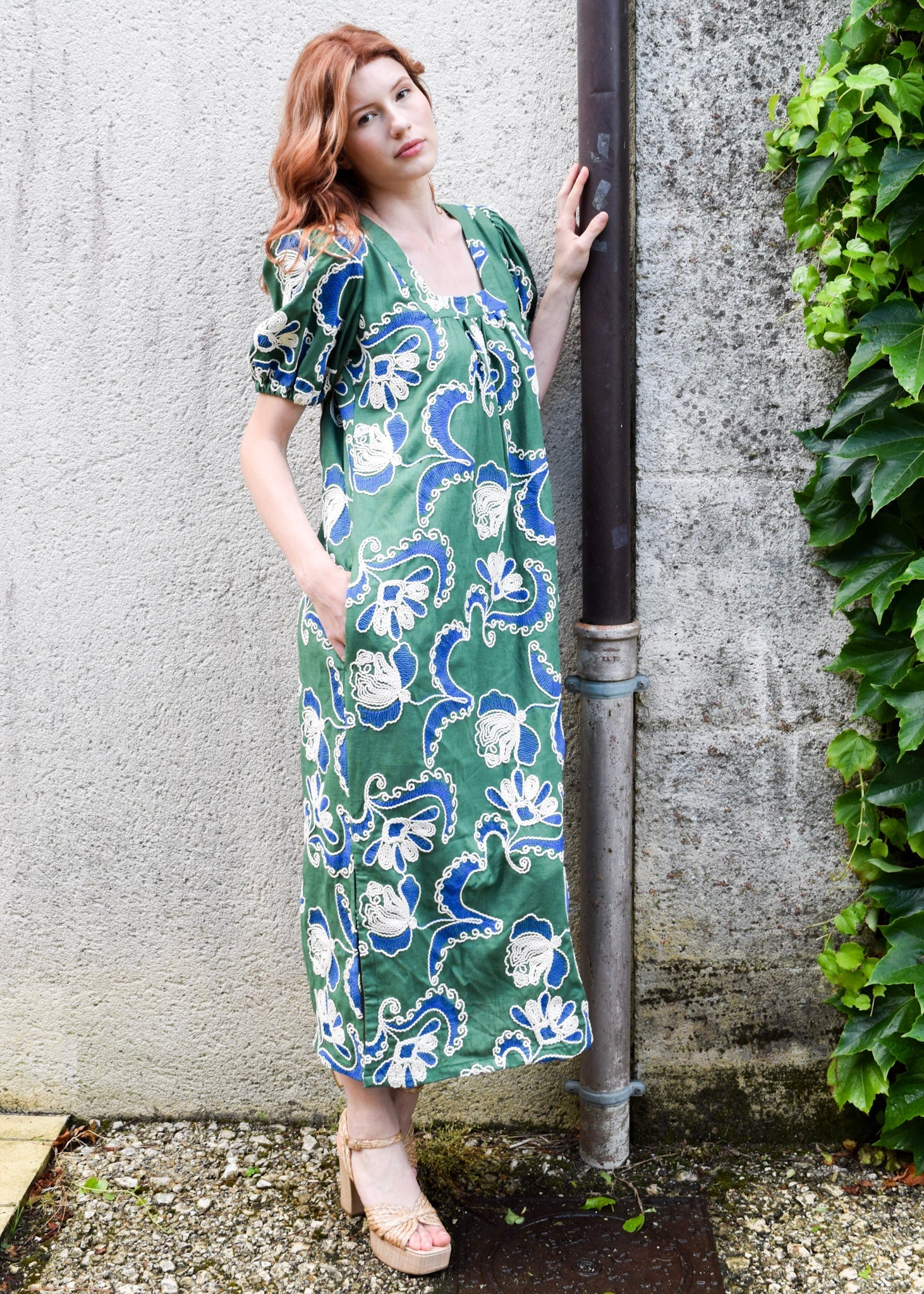 Never A Wallflower Square Neck Maxi Dress in Crewel Work