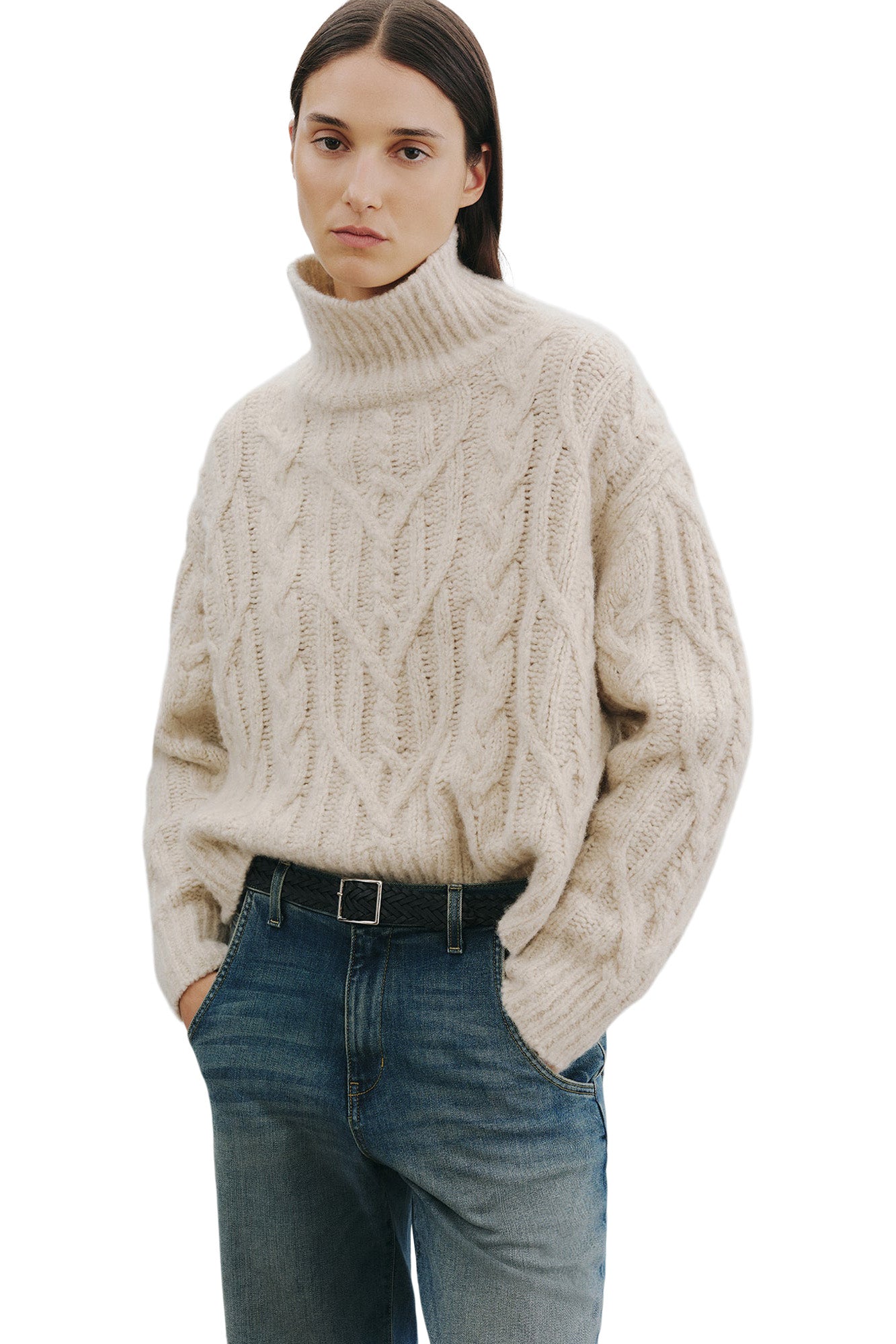 Nili Lotan Fairiny Cable Turtleneck Sweater in Beige Melange