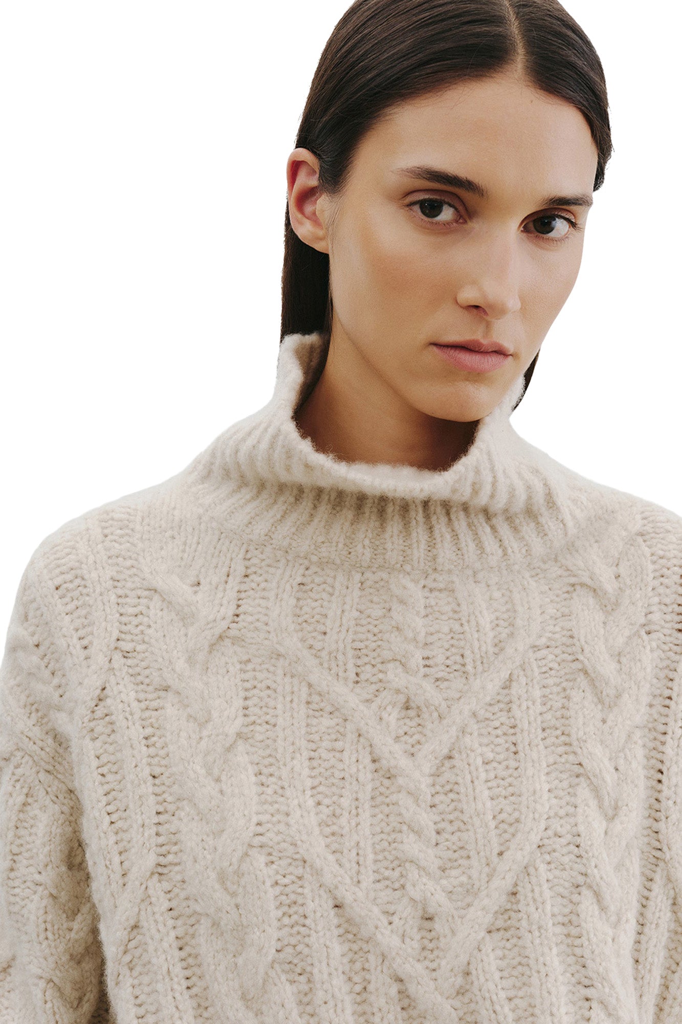 Nili Lotan Fairiny Cable Turtleneck Sweater in Beige Melange