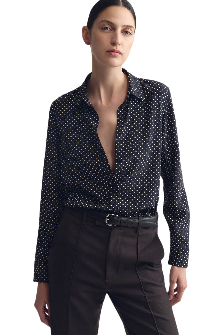 Nili Lotan Gaia Slim Shirt in Obsidian - Ivory Polka Dot