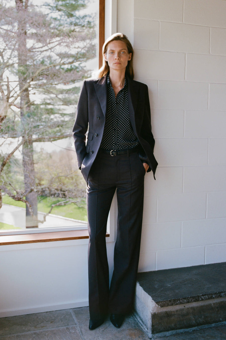 Nili Lotan Gaia Slim Shirt in Obsidian - Ivory Polka Dot