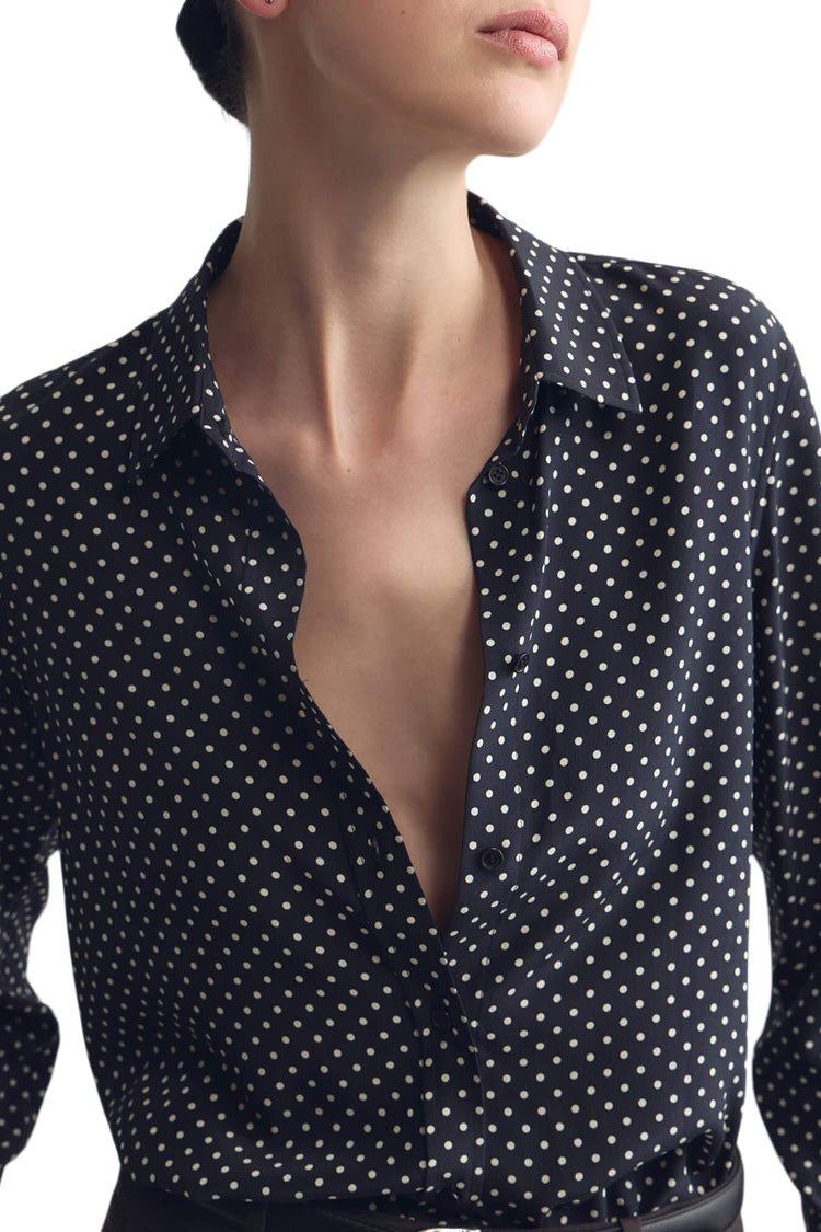Nili Lotan Gaia Slim Shirt in Obsidian - Ivory Polka Dot