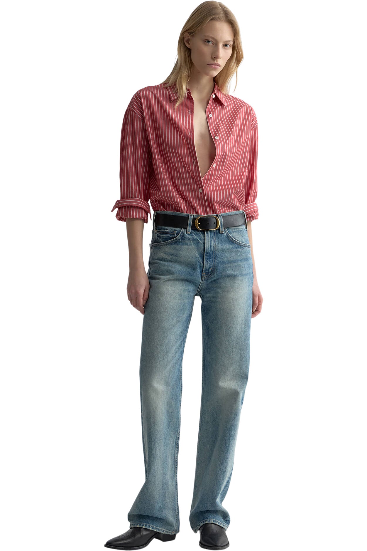 Nili Lotan Yorke Cotton Shirt in Red White Stripe