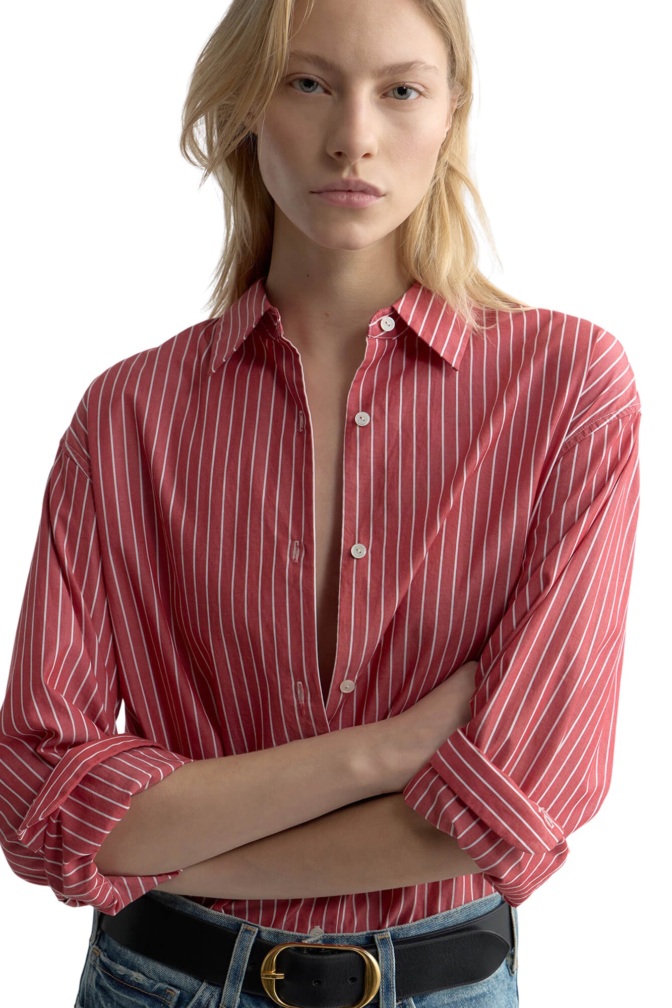 Nili Lotan Yorke Cotton Shirt in Red White Stripe