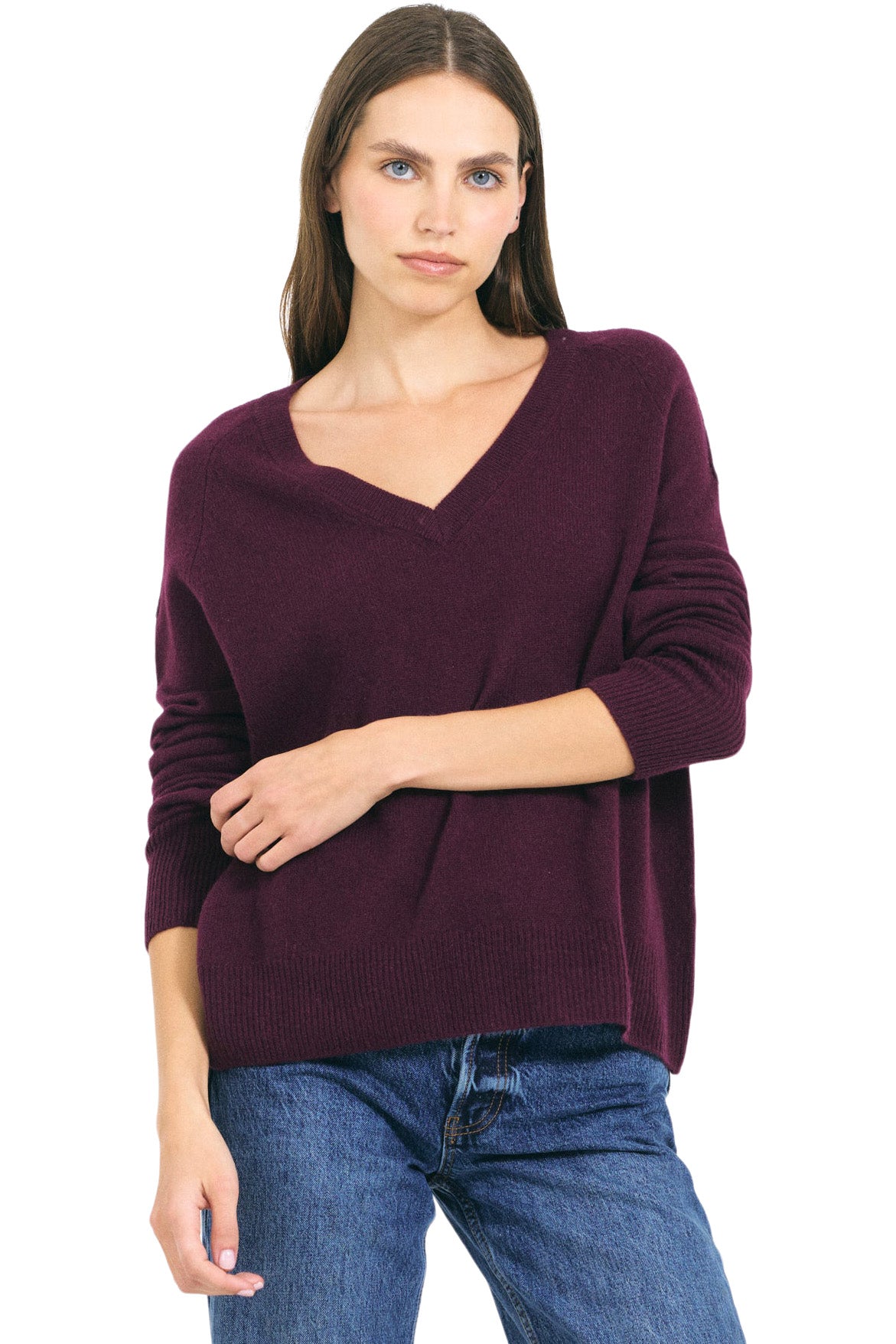 One Grey Day Sloane Cashmere V-Neck Sweater in Plumberry