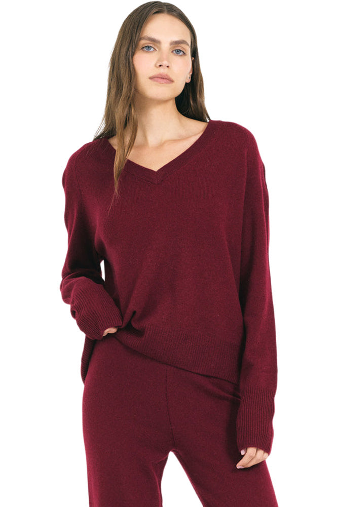 One Grey Day Sloane V-neck Sweater in Currant