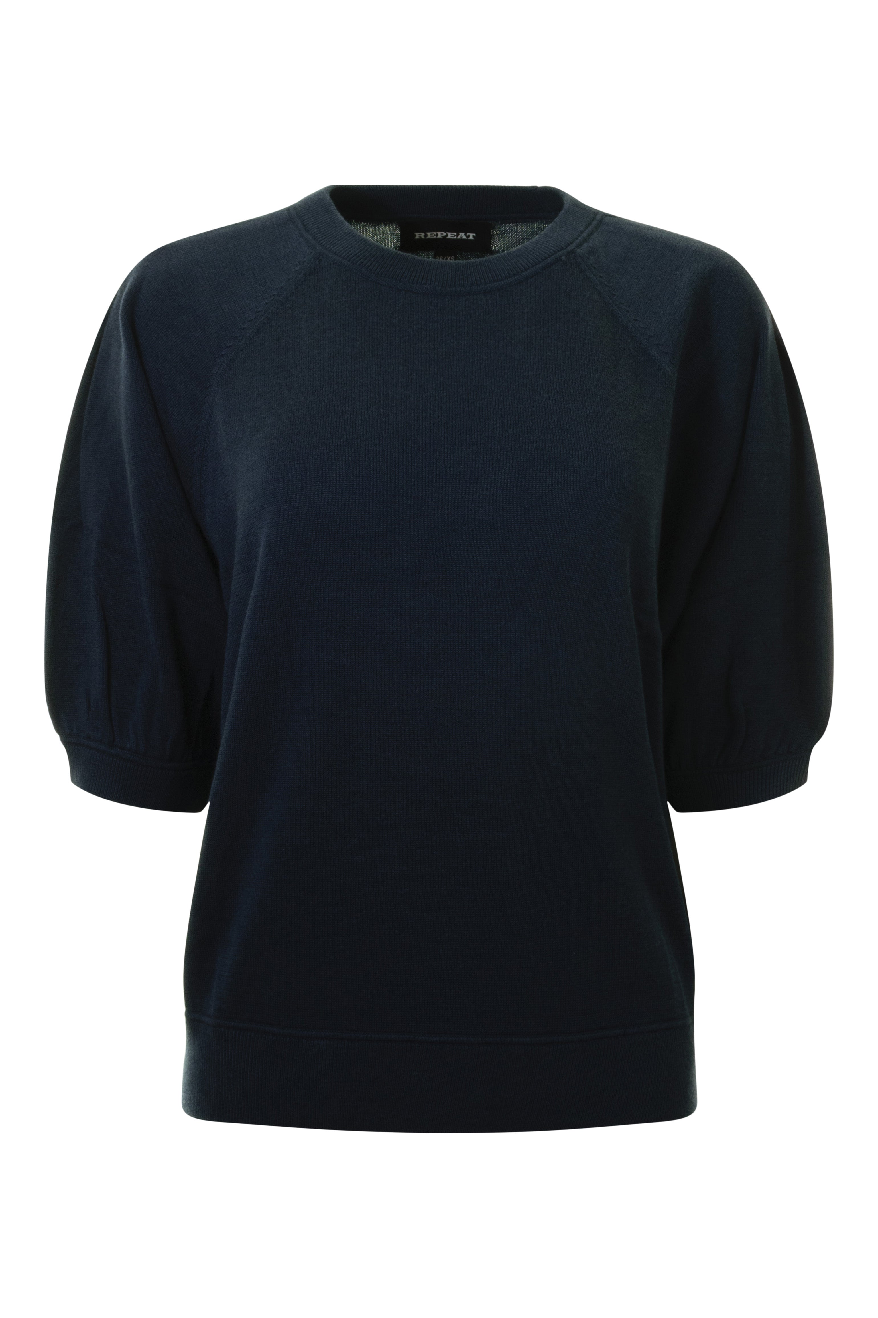 Repeat Cashmere Cotton Blend Top with Pleated Sleeves in Navy