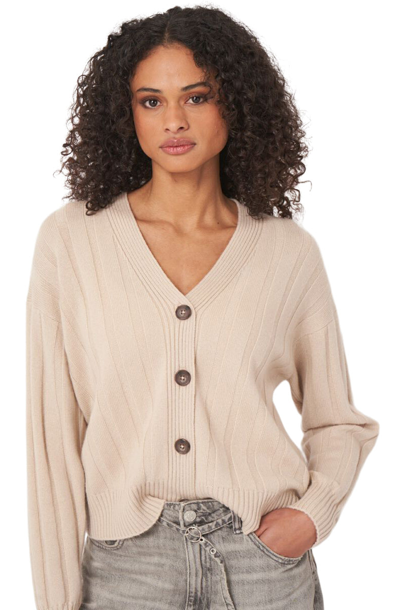 Repeat Cashmere Relaxed Rib Knit V-Neck Cardigan in Natural