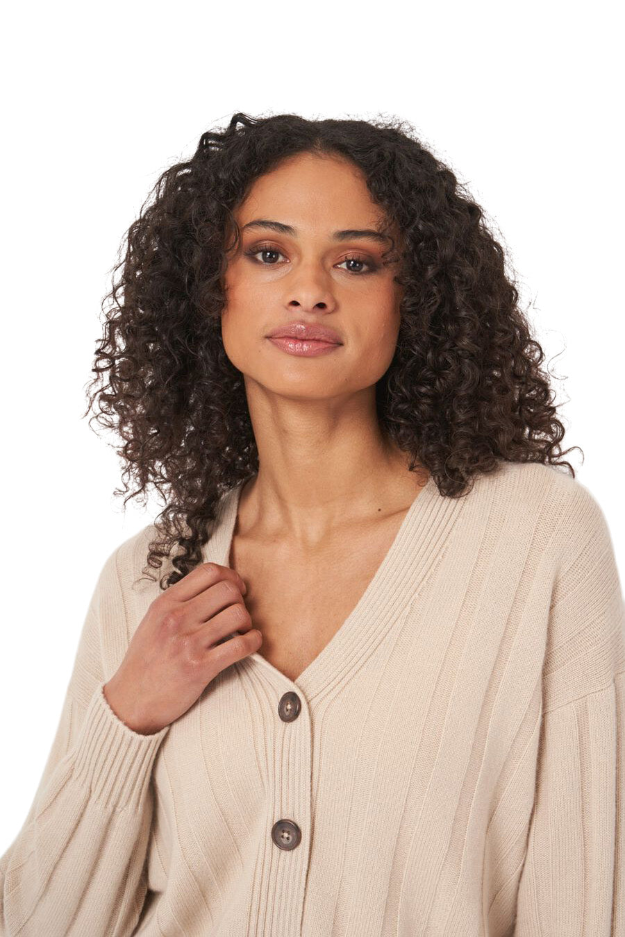 Repeat Cashmere Relaxed Rib Knit V-Neck Cardigan in Natural