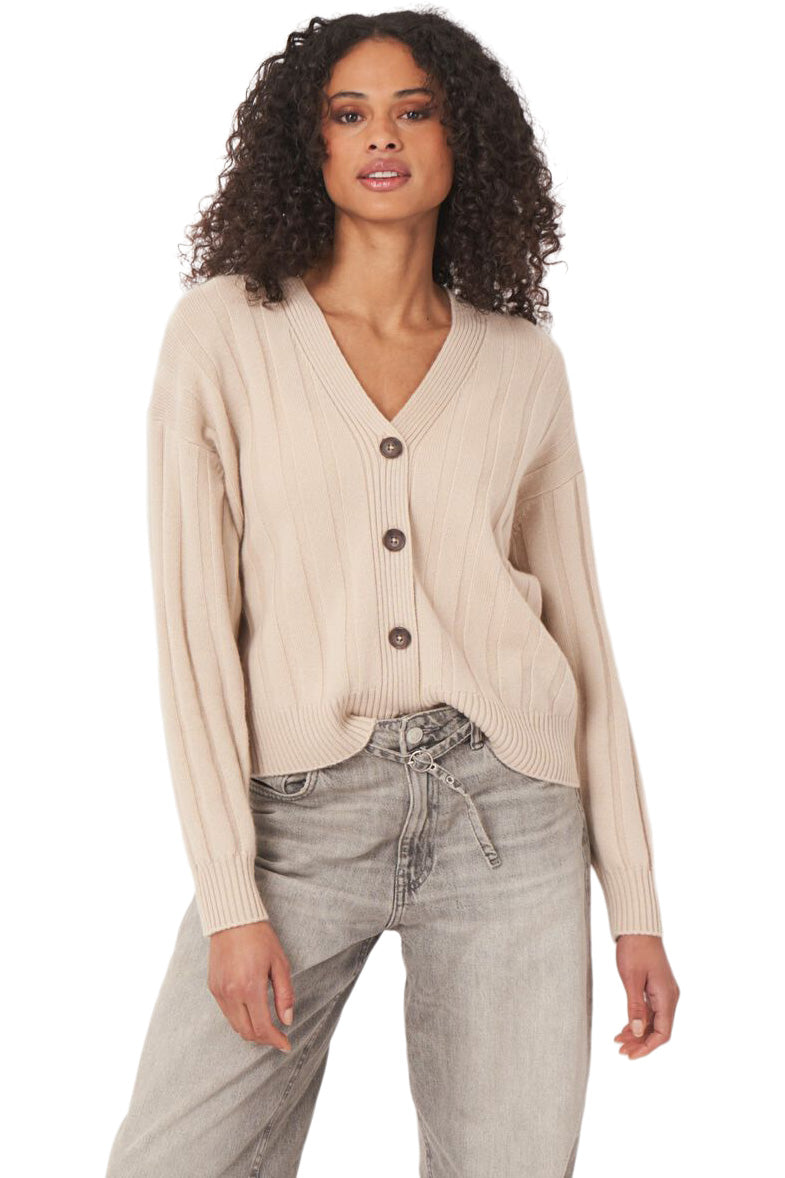 Repeat Cashmere Relaxed Rib Knit V-Neck Cardigan in Natural