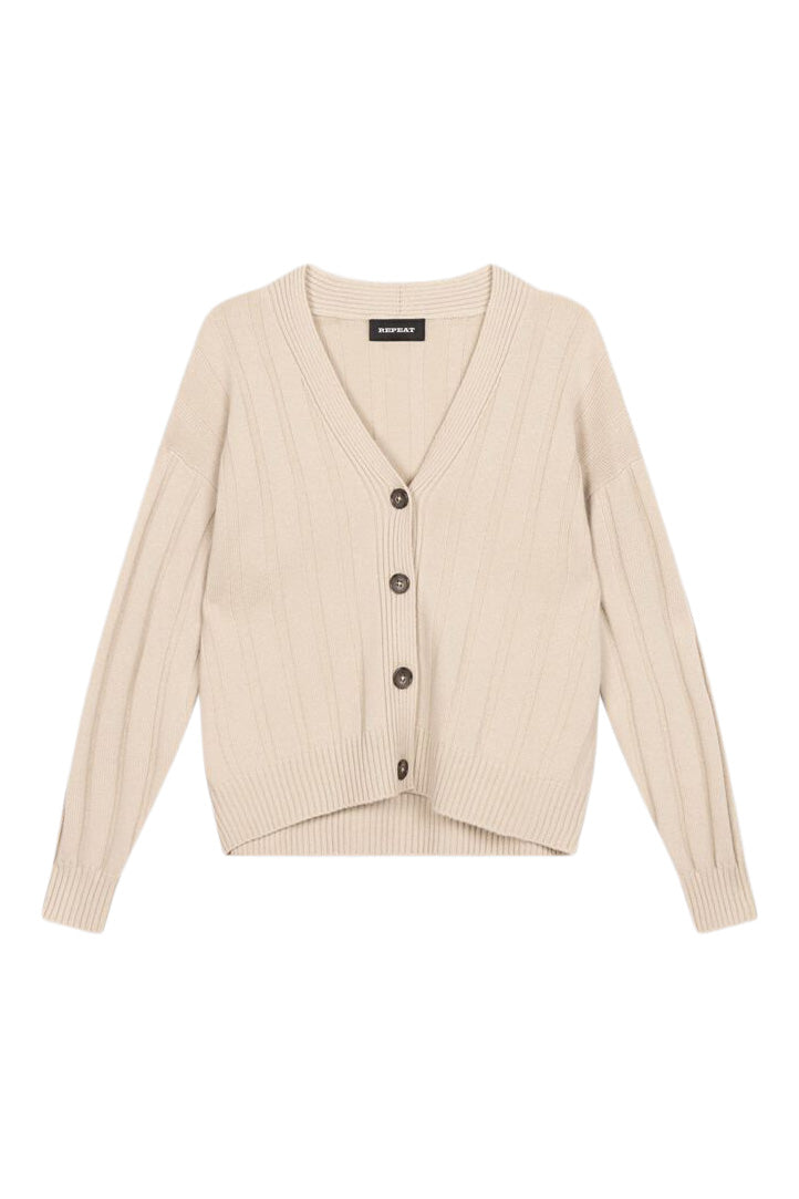 Repeat Cashmere Relaxed Rib Knit V-Neck Cardigan in Natural