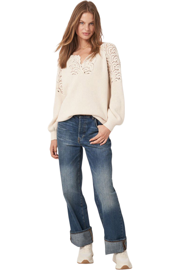Repeat Cashmere Split Neck Cotton Sweater with Crochet Details in Ivory