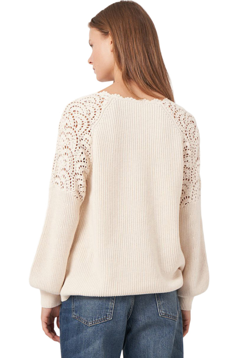 Repeat Cashmere Split Neck Cotton Sweater with Crochet Details in Ivory
