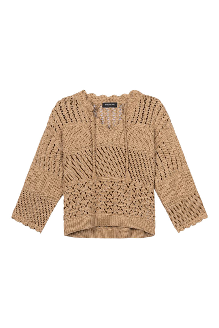 Repeat Cashmere Ajour Cotton Sweater with Crochet Details in Gold