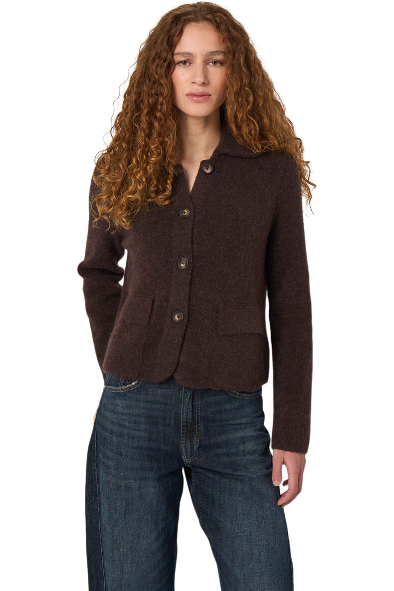 Repeat Cashmere Boxy Wool-Alpaca Cardigan with Polo Collar in Chocolate