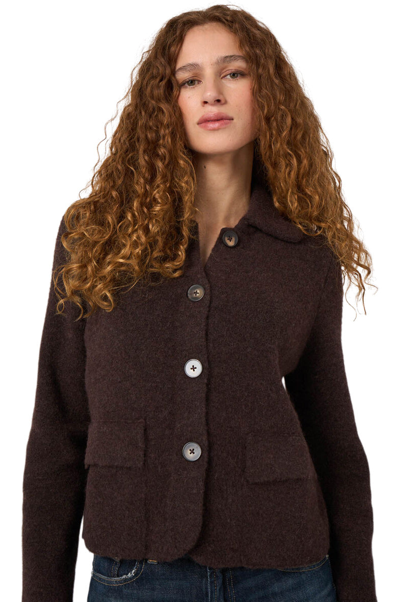 Repeat Cashmere Boxy Wool-Alpaca Cardigan with Polo Collar in Chocolate