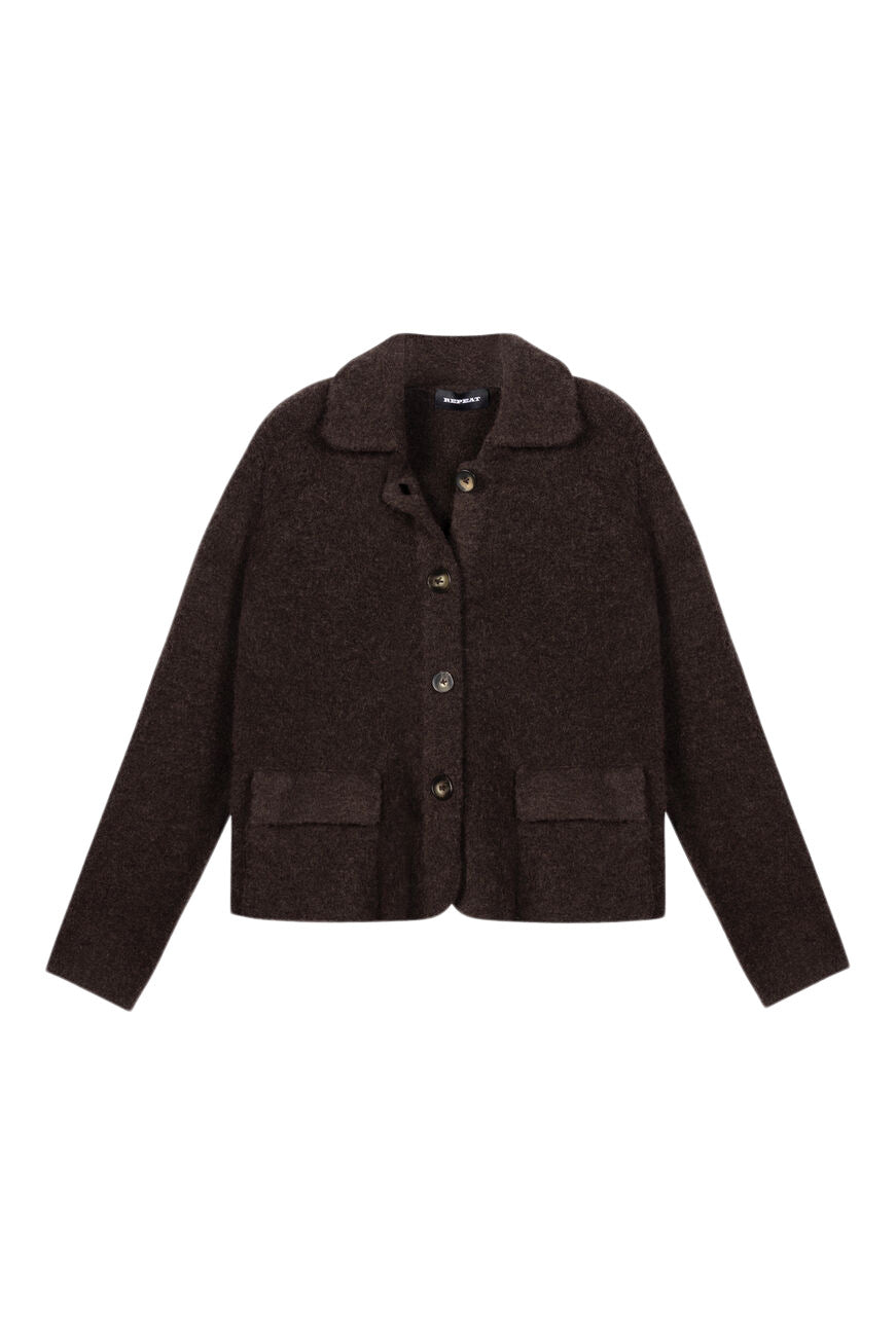Repeat Cashmere Boxy Wool-Alpaca Cardigan with Polo Collar in Chocolate