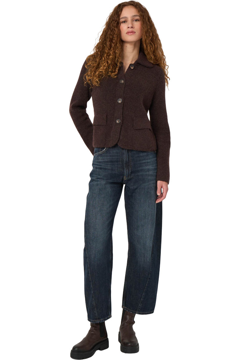 Repeat Cashmere Boxy Wool-Alpaca Cardigan with Polo Collar in Chocolate
