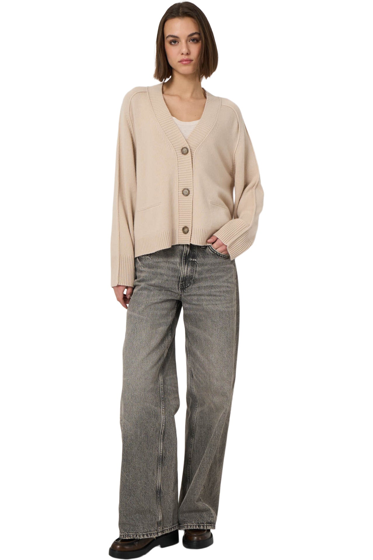 Repeat Cashmere Cashmere-Blend A-Line Cardigan with Rolled Details in Natural